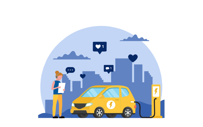 Auto typu plug in w trakcie ładowania. Obok kobieta ze słuchawką i mikrofonem na uchu, czyta dokumenty.