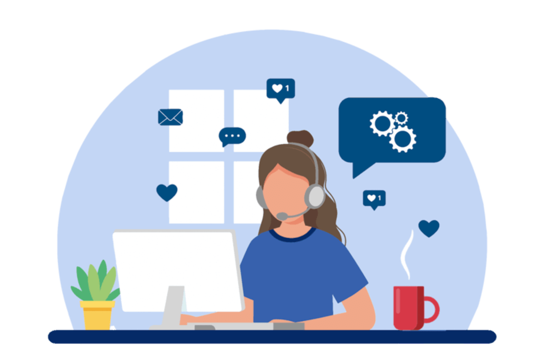 Telemarketerka pracuje przy biurku. Znajdują się na nim kubek,monitor i doniczka. W tle widać okno