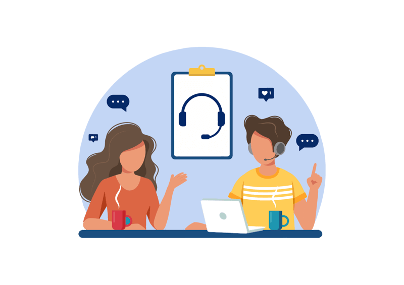 Widoczne są dwie osoby siedzące przy biurku. Kobieta tłumaczy coś gestykulując mężczyźnie, który ma ubrany zestaw słuchawkowy z mikrofonem. Na biurku stoi komputer, a w tle wisi plakat ze słuchawkami.