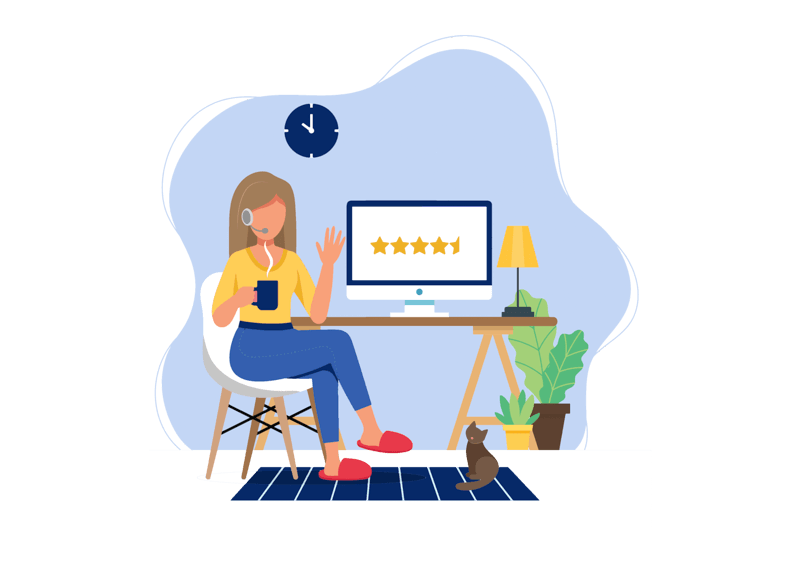 Kobieta siedzi przy biurku w domu, obok stoi monitor z widocznymi gwiazdkami oceny na ekranie.