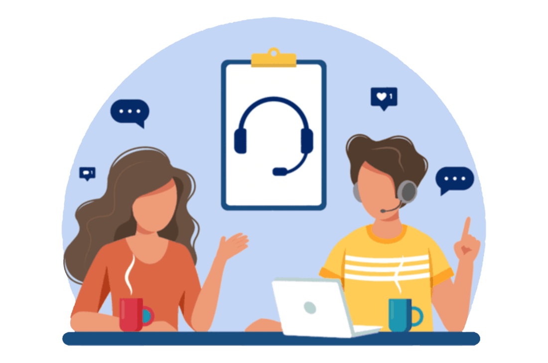 Dwie postaci siedzą zwrócone do siebie przy biurku. Prowadzą ze sobą dyskusję 