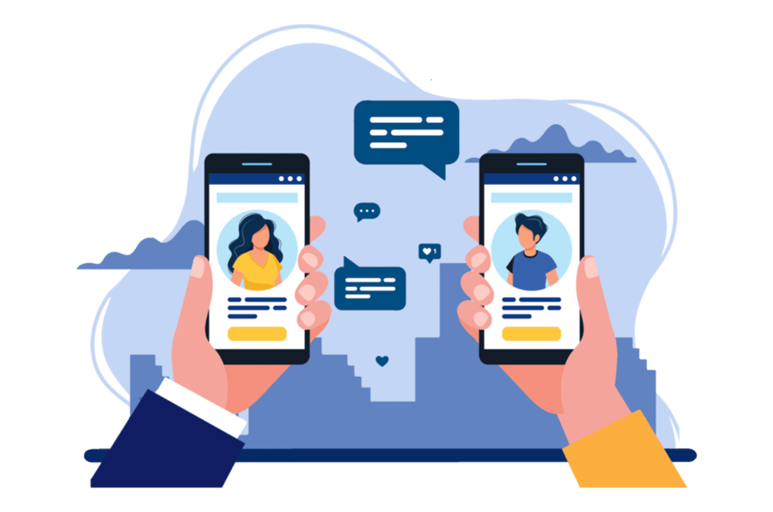 Dwie różnie ubrane ręce trzymają telefony komórkowe. Ekrany przedstawiają przeciwne postaci. W tle widać zarys miasta 