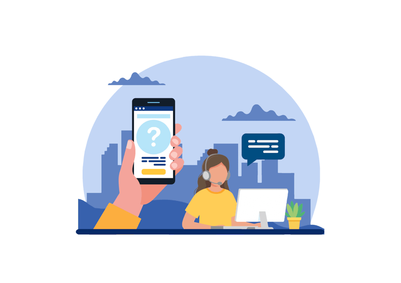 Kobieta siedzi przy biurku, nosi słuchawki na uszach z mikrofonem. Po lewej widać telefon w dłoni, z widocznym znakiem zapytania.