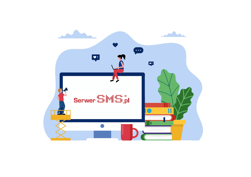 Monitor z logotypem serwerSMS, obok mężczyna z megafonem i kobieta z laptopem. Obok monitora stoi kubek, stos książek oraz kwiatek.