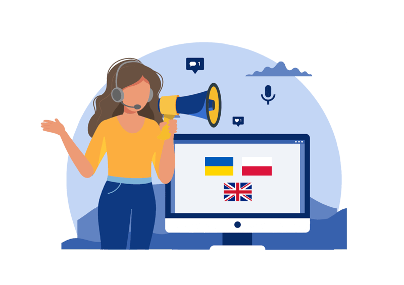 Kobieta z megafonem, obok na ekranie monitora widoczne trzy flagi: polska, ukraińska i brytyjska.